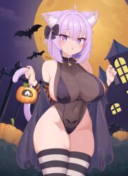 Rule 34 | 1girl, absurdres, animal ear fluff, animal ears, bat (animal), bat tattoo, bikini, black bikini, black leotard, black thighhighs, breasts, castle, cat ears, cat girl, cat tail, cowboy shot, full moon, gabai, halloween, highres, hololive, horizontal-striped thighhighs, large breasts, leotard, moon, nekomata okayu, pubic tattoo, pumpkin, purple eyes, purple hair, purple tail, see-through clothes, see-through leotard, solo, swimsuit, tail, tattoo, thighhighs, two-tone thighhighs, virtual youtuber, white thighhighs, zombie (vocaloid)