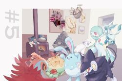 :d alolan_form alolan_vulpix appletun azumarill banette black_eyes black_fur black_sclera blue_eyes blue_skin bright_pupils carkol claws colored_sclera colored_skin commentary_request fireblast floating furnace gardevoir gen_2_pokemon gen_3_pokemon gen_4_pokemon gen_6_pokemon gen_7_pokemon gen_8_pokemon glaceon green_hair hawlucha highres indoors lunatone luxray mega_banette mega_pokemon nintendo no_humans open_mouth painting_(object) pokemon pokemon_(creature) quilava red_eyes red_sclera shedinja smile solrock tail white_pupils white_skin window wings yellow_eyes