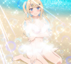 1girl anime_screenshot beach bikini blonde_hair blue_eyes blue_hair blue_nails blue_toenails blush breasts cleavage collarbone feet gradient_hair gyaru hair_ornament hair_ribbon hair_scrunchie hairclip highres keikenzumi_na_kimi_to_keiken_zero_na_ore_ga_otsukiai_suru_hanashi. large_breasts lips long_hair looking_at_viewer multicolored_hair nail_polish navel ocean ribbon runa_shirakawa sand scrunchie side_ponytail smile stitched stomach swimsuit thighs third-party_edit toenail_polish toenails water white_bikini