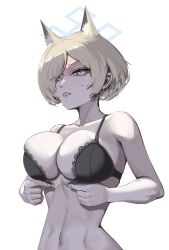 1girl absurdres alternate_hair_length alternate_hairstyle animal_ear_fluff animal_ears bare_arms bare_shoulders black_bra blonde_hair blue_archive blue_eyes bra breasts chojja clenched_teeth dog_ears dog_girl extra_ears hair_over_one_eye highres kanna_(blue_archive) large_breasts midriff navel no_shirt pink_nails sharp_teeth short_hair sidelocks solo sweat teeth underwear