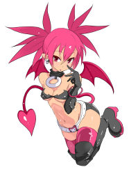 1girl :o alternate_breast_size_(smaller) bandeau bat_wings belt boots breasts cleavage demon_girl disgaea earrings elbow_gloves etna_(disgaea) female_focus gloves highres jewelry makai_senki_disgaea nac000 navel pear-shaped_figure pointy_ears red_eyes red_hair shiny_skin skindentation skirt small_breasts solo tail thigh_boots thighhighs twintails wings