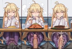 Rule 34 | 1boy, 1girl, absurdres, ahoge, artoria caster (fate), artoria pendragon (fate), blonde hair, blush, breasts, cum, ebora, ejaculation, erection, fate/grand order, fate (series), feet, foot focus, footjob, green eyes, heart, heart ahoge, hetero, highres, long hair, long sleeves, looking at viewer, multiple views, no shoes, pantyhose, penis, small breasts, smile, soles, toes, twintails, two-footed footjob, uncensored