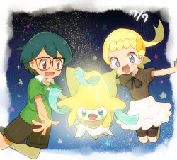 1boy 1girl blonde_hair bonnie_(pokemon) brown_eyes collared_shirt gen_3_pokemon glasses grey_eyes haru_yanagi_(nntiebiinkn) jirachi legendary_pokemon max_(pokemon) mythical_pokemon nintendo pokemon pokemon:_jirachi:_wish_maker pokemon_(anime) pokemon_(creature) pokemon_rse_(anime) pokemon_xy_(anime) shirt star_(sky) star_(symbol) tanabata
