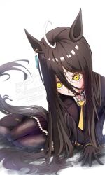 Rule 34 | 1girl, 3year etarou, animal ears, black choker, black gloves, black hair, black pantyhose, black shirt, black skirt, choker, collared shirt, ear tag, earrings, gloves, hair between eyes, hair flowing over, hand on ground, highres, horse ears, horse girl, horse tail, jewelry, long bangs, long hair, long hair between eyes, long sleeves, looking at viewer, manhattan cafe (umamusume), necktie, on ground, pantyhose, parted lips, pleated skirt, shirt, simple background, single earring, sitting, skirt, smile, solo, tail, umamusume, very long hair, watermark, white hair, yellow eyes, yellow necktie