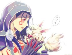 1boy blue_hair chest_tattoo commentary_request cu_chulainn_(fate) cu_chulainn_alter_(fate) earrings facial_tattoo fate/grand_order fate_(series) fou_(fate) hisohiso_(altoblue) holding hood hood_up jewelry male_focus red_eyes spiked_knuckles tattoo translation_request twitter_username