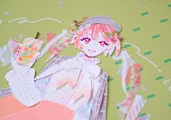 1girl bow bowler_hat bowtie cherry_blossoms cherry_hair_ornament cherry_hat_ornament close-up collared_shirt commentary drink drinking_straw food-themed_hair_ornament green_background grey_hat hair_ornament hand_up hat hatsune_miku highres holding holding_drink jacket long_hair long_sleeves looking_at_viewer masking_tape_(medium) mixed_media open_mouth photo_(medium) pink_eyes pink_hair pink_petals pink_skirt plaid_clothes plaid_jacket red_nails ryono sakura_miku shirt sidelocks skirt smile solo traditional_media twintails unconventional_media upper_body vocaloid white_bow white_bowtie white_shirt