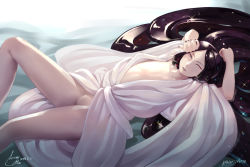 2018 ambiguous_gender androgynous black_eyes black_hair bort_(land_of_the_lustrous) dated featureless_crotch hertro highres land_of_the_lustrous long_hair morning no_genitals no_nipples on_bed one_eye_closed pixiv_id signature teeth very_long_hair waking_up