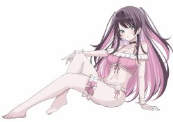 1girl =_hair_ornament barefoot bikini black_choker black_hair blue_eyes breasts choker cleavage colored_inner_hair commentary cross-laced_bikini cross-laced_clothes dreamoon earrings flower_earrings frilled_bikini frilled_thigh_strap frills full_body hair_ornament hairclip highres jewelry kaga_nazuna kaga_nazuna_(summer_c102) knee_up long_hair looking_at_viewer medium_breasts multicolored_hair navel off-shoulder_bikini off_shoulder official_alternate_costume open_mouth pink_bikini pink_hair sidelocks simple_background sitting solo stomach swept_bangs swimsuit thigh_strap two_side_up very_long_hair virtual_youtuber vspo! white_background