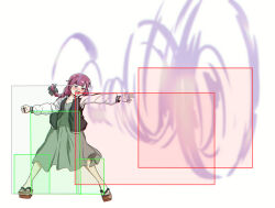 Rule 34 | 1girl, black jacket, commentary, dress, fighting game, full body, geta, green dress, hiroi kikuri, hitbox, jacket, melty blood, open clothes, open jacket, purple hair, simple background, solo, standing, torako (toramaru), tsukihime, white background, wind, yumizuka satsuki