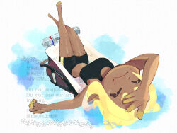 1girl ^_^ bike_shorts black_shorts bloblobber_(splatoon) blonde_hair closed_eyes closed_mouth colored_extremities commentary_request crop_top crossed_legs dark-skinned_female dark_skin kicochiya medium_hair nintendo octoling octoling_girl octoling_player_character shorts sitting smile solo splatoon_(series) splatoon_3 tentacle_hair watermark weapon white_background