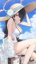 1girl absurdres beach black_hair blue_archive blue_sky blush braid braided_ponytail breasts cleavage clothing_cutout cloud commentary_request criss-cross_halter cross cross_earrings day earrings feet_out_of_frame flower gmi_(jimmyovob) hair_flower hair_ornament hair_over_one_eye halo halterneck hat highres hinata_(blue_archive) hinata_(swimsuit)_(blue_archive) jewelry large_breasts legs long_hair looking_at_viewer looking_back ocean official_alternate_costume one-piece_swimsuit one_eye_covered outdoors red_eyes side_cutout sitting sky solo sun_hat swimsuit very_long_hair white_flower white_one-piece_swimsuit white_swimcap yellow_halo yellow_hat