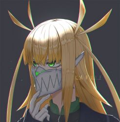 1girl artist_name blonde_hair collar facing_away facing_to_the_side gloves green_collar green_eyes grey_background hairstyle_request hand_on_mask hand_up hisui_kanon john_carvie light_particles long_hair mask mouth_mask portrait sentai_daishikkaku sleeves_past_wrists solo teeth_print_mask white_gloves