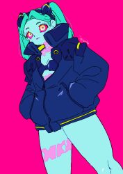 1girl aqua_eyes black_jacket bra breasts colored_sclera cowboy_shot cyberpunk_(series) cyberpunk_edgerunners cyborg ewoageruyobemo green_eyes hands_in_pockets highres jacket joints long_hair looking_at_viewer neck_tattoo open_clothes open_jacket pink_background rebecca_(cyberpunk) red_sclera revealing_clothes samurai_jacket_(cyberpunk) shiny_skin signature simple_background small_breasts smile solo standing strapless strapless_bra tattoo underwear wide_hips