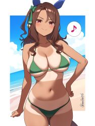 1girl absurdres animal_ears bikini blue_sky breasts brown_hair closed_mouth cloud commentary_request day ear_covers hanafuda_(hanafuda0116) highres horse_ears horse_girl horse_tail king_halo_(umamusume) large_breasts looking_at_viewer medium_hair musical_note navel ocean outdoors red_eyes sky smile solo spoken_musical_note swimsuit tail tan tanline twitter_username umamusume