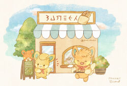 :d ^_^ artist_name awning bakery blue_sky bread building bush chalkboard_sign chocolate_cornet closed_eyes closed_mouth cloud commentary_request door evolutionary_line food highres holding holding_tray melon_bread mian_(user_kwcj2833) neckerchief nintendo no_humans notice_lines open_mouth pawmi pawmo pawmot plant pokemon pokemon_(creature) potted_plant red_neckerchief shop sign signature simple_background sky smile solid_circle_eyes standing tray tree twitter_username white_background window