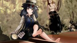 1girl absurdres arknights barefoot black_hair eyewear_on_head feet hat highres jessica_(arknights) light_blush long_hair looking_at_viewer muranai round_eyewear smile soles steam toes