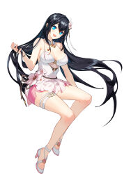 Rule 34 | 1girl, absurdres, bare legs, bare shoulders, black hair, blue eyes, breasts, cleavage, closers, cutout above navel, detached collar, flower, full body, gradient clothes, hair flower, hair ornament, high heels, highres, invisible chair, jewelry, long hair, looking at viewer, medium breasts, miniskirt, necklace, official art, open mouth, pink skirt, shirt, side slit, simple background, sitting, skirt, sleeveless, sleeveless shirt, smile, solo, spaghetti strap, thighs, very long hair, white background, white shirt, wristband, yuri seo