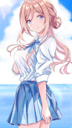 1girl absurdres blue_eyes blue_ribbon blue_skirt blue_sky blush bow breasts brown_hair closed_mouth cloud collared_shirt gakuen_idolmaster hair_bun highres himesaki_rinami idolmaster large_breasts long_hair looking_at_viewer neck_ribbon ocean outdoors pleated_skirt ribbon school_uniform shirt skirt sky sleeves_rolled_up smile solo tq_amatouchan water white_shirt