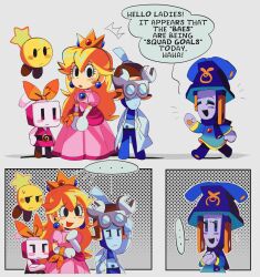 ... 5girls awkward blonde_hair blue_skin blush_stickers colored_skin cozette_(mario) crossed_arms crown earrings flying_sweatdrops gloves goggles goggles_on_head hand_on_own_hip highres ireen_(mario) jewelry lab_coat mario_&amp;_luigi:_brothership mario_&amp;_luigi_rpg mario_(series) midriff multiple_girls nintendo own_hands_together petzcatz2 princess_peach sphere_earrings starlow sweatdrop technikki_(mario) white_gloves