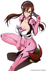 Rule 34 | 00s, 1girl, absurdres, blue eyes, bodysuit, breasts, brown hair, cleavage, collarbone, evangelion: 2.0 you can (not) advance, female focus, glasses, hairband, highres, makinami mari illustrious, mecha pilot suit, medium breasts, neon genesis evangelion, official art, plugsuit (evangelion), rebuild of evangelion, red-framed eyewear, solo, tsurumaki kazuya, white background