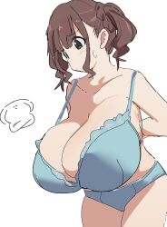 1girl 1other arms_behind_back artist_self-insert bad_id bad_twitter_id black_eyes blue_bra blue_panties blush bra breasts brown_hair cleavage closed_mouth collarbone cowboy_shot crossed_arms dot_mouth furrowed_brow highres huge_breasts original osakana_(kitasisn) panties short_twintails sidelocks simple_background sugimori_futaba_(osakana) sweatdrop tareme twintails underwear underwear_only white_background