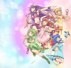 5girls aizawa_mint animal_ears aqua_gloves bare_shoulders bell blonde_hair blue_eyes blue_hair bow braid breasts cat_ears cat_girl cat_tail choker cute_weapon detached_sleeves double_bun dress fong_pudding frilled_thigh_strap fujiwara_zakuro full_body gloves green_choker green_eyes green_garter green_hair green_leotard hair_bun highres holding jingle_bell leotard long_hair looking_at_viewer magical_girl mew_ichigo mew_lettuce mew_mint mew_pudding mew_zakuro midorikawa_lettuce midriff momomiya_ichigo monkey_ears monkey_girl monkey_tail multiple_girls navel official_art open_mouth pink_choker pink_eyes pink_hair puffy_detached_sleeves puffy_sleeves purple_choker purple_eyes purple_hair purple_shorts purple_tube_top red_gloves second-party_source short_hair shorts smile sparkle strapless strawbell_bell tail tail_bell tail_bow tail_ornament thigh_strap tokyo_mew_mew tokyo_mew_mew_new tube_top weapon wings wolf_ears wolf_girl wolf_tail