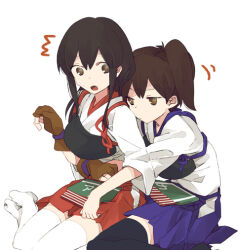 2girls akagi_(kancolle) black_hair black_thighhighs blue_hakama brown_eyes brown_gloves brown_hair closed_mouth gloves hakama hakama_short_skirt hakama_skirt hug hug_from_behind japanese_clothes kaga_(kancolle) kantai_collection kinari multiple_girls muneate open_mouth partially_fingerless_gloves partly_fingerless_gloves red_hakama side_ponytail simple_background single_glove sitting skirt sweat tasuki thighhighs white_background white_thighhighs yugake