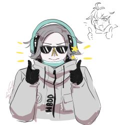 2boys absurdres aotsuki_eito black_gloves closed_mouth double_thumbs_up gloves headphones highres male_focus mask multiple_boys simple_background sumino_takumi sunglasses the_hundred_line_-last_defense_academy- thumbs_up white_background white_hair