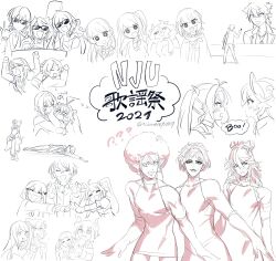 Rule 34 | 6+boys, 6+girls, :d, ?, \m/, afro, akabane youko, amamiya kokoro, ange katrina, antenna hair, bare shoulders, beret, blazer, bow, character request, choker, collared shirt, covered collarbone, crossdressing, crossdressing (mtf), debidebi debiru, dress, elbow gloves, eye contact, facial mark, fang, flying sweatdrops, fushimi gaku, gloves, hair bobbles, hair bun, hair intakes, hair ornament, hairband, hairclip, hakase fuyuki, hanabatake chaika, hat, head tilt, highres, horns, ibrahim (1st costume) (nijisanji), ibrahim (nijisanji), jacket, joe rikiichi, kagami hayato, kenmochi touya, levi elipha, long hair, looking at another, matsukai mao, multiple boys, multiple girls, nijisanji, ninahachi, one side up, open clothes, open jacket, open mouth, profile, rindou mikoto, school uniform, sharp teeth, shirt, simple background, sister claire, sketch, sleeveless, sleeveless dress, smile, star (symbol), star hair ornament, sunglasses, sweater, teeth, translation request, tsukino mito, twintails, twitter username, very long hair, virtual youtuber, white background, x hair ornament, yorumi rena