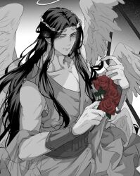 1boy alternate_costume ancient_greek_clothes angel angel_wings black_hair bracer circlet closed_mouth collarbone feathered_wings flower gradient_background greco-roman_clothes greyscale halo hand_up holding holding_flower lan_wangji long_hair looking_at_viewer male_focus modao_zushi monochrome multiple_wings muscular pectoral_cleavage pectorals red_flower red_rose robe ronpu_cooing rose shawl sleeveless sleeveless_robe solo spot_color upper_body very_long_hair wings yellow_eyes