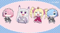 4girls :3 :d :p :q :| animal_ears animated artist_name audible_music audible_speech beatrice_(re:zero) blonde_hair blue_eyes blue_hair blue_ribbon blunt_bangs braid breasts capelet chibi chinese_commentary claw_pose cloak closed_mouth commentary_request crown dancing detached_sleeves drill_hair emilia_(re:zero) fake_animal_ears flower french_braid frilled_ribbon frills full_body fur_trim ga_zhu_tiantang grey_hair hair_flower hair_ornament hair_over_one_eye hair_ribbon halftone halftone_background highres himouto!_umaru-chan hood hood_up hooded_cloak hungry long_hair long_sleeves looking_away looking_to_the_side maid mansion market medium_breasts mini_crown multiple_girls one_eye_closed open_mouth parody pink_hair pink_ribbon pointy_ears ram_(re:zero) re:zero_kara_hajimeru_isekai_seikatsu red_eyes rem_(re:zero) ribbon roswaal_mansion_maid_uniform short_hair siblings sisters smile sound standing symbol-shaped_pupils tagme tongue tongue_out twin_drills twins twintails video watermark wavy_mouth white_legwear x_hair_ornament