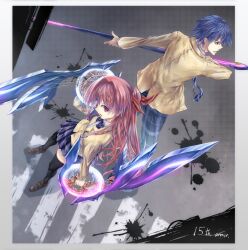 1boy 1girl anniversary bad_tag black_thighhighs blazer blue_hair bow bowtie breasts brown_jacket brown_shoes chaos;head collared_shirt cry-planet d-sword dress_shirt dual_wielding floating_neckwear from_above from_behind highres holding holding_sword holding_weapon jacket loafers long_hair long_sleeves looking_at_viewer looking_up miniskirt necktie nishijou_takumi open_mouth pants pink_eyes pink_hair plaid_bow plaid_bowtie plaid_clothes plaid_necktie plaid_pants plaid_skirt pleated_skirt purple_necktie sakihata_rimi school_emblem school_uniform science_adventure serious shirt shoes short_hair skirt small_breasts suimei_academy_school_uniform suimei_school_uniform sword thick_thighs thighhighs thighs weapon white_shirt yellow_eyes