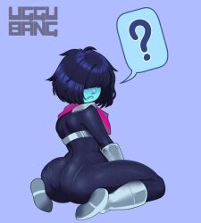 1other ? armor blue_hair blue_skin bob_cut boots colored_skin deltarune facing_viewer from_behind frown gloves grey_boots grey_gloves hair_over_eyes kneeling kris_(deltarune) looking_back other_focus pantylines parted_lips red_scarf scarf seiza short_hair shoulder_armor single_shoulder_pad sitting speech_bubble spoken_question_mark trap uggu_bang