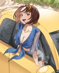 1girl ahoge blonde_hair blue_tank_top breasts brown_eyes brown_hair car cleavage collarbone commentary day english_commentary front-tie_top grey_skirt highres leaning_out_of_window lewdrawings looking_at_viewer multicolored_hair nashi_(lewdrawings) original outdoors road short_hair skirt solo streaked_hair tank_top teeth two-tone_hair upper_teeth_only yellow_car