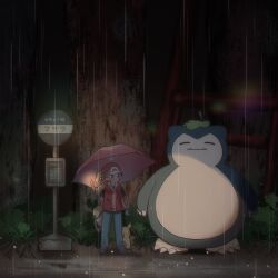 1boy blue_pants charmander commentary_request creatures_(company) game_freak gen_1_pokemon hat holding holding_umbrella looking_to_the_side maccha_pamocute male_focus night nintendo outdoors pants pikachu pokemon pokemon_(creature) pokemon_frlg rain red_(pokemon) red_hat red_vest shirt shoes short_hair sign snorlax standing tonari_no_totoro totoro_bus_stop umbrella vest