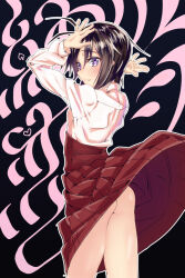 1girl :3 antenna_hair arms_up ass black_hair closed_mouth clothes_lift cowboy_shot from_behind heart heart-shaped_pupils highres idolmaster idolmaster_(classic) kikuchi_makoto kokugo long_sleeves looking_at_viewer looking_back no_panties purple_eyes red_skirt shirt short_hair skirt skirt_lift solo standing symbol-shaped_pupils white_shirt