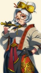 1girl bite_addict black_gloves breasts closed_mouth commentary glasses gloves hair_ornament hand_on_own_hip highres holding lips looking_at_viewer medium_breasts nintendo open_clothes pantyhose purah raised_eyebrows red-framed_eyewear red_eyes red_pantyhose round_eyewear sheikah short_hair simple_background smile solo the_legend_of_zelda the_legend_of_zelda:_tears_of_the_kingdom white_hair