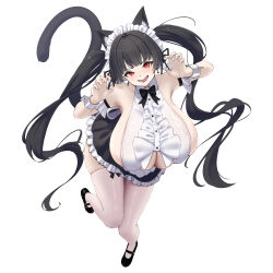 1girl absurdres amaterasu_(himegami_emaki) animal_ears black_bow black_bowtie black_hair blunt_bangs bow bowtie breasts cat_ears cat_tail cleavage commentary_request defaultkavy frilled_skirt frills full_body highres himegami_emaki large_breasts looking_at_viewer maid_headdress red_eyes simple_background skirt solo tachi-e tail thighhighs twintails white_thighhighs