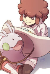 Rule 34 | 1boy, arm support, boots, bright pupils, brown eyes, brown hair, closed mouth, commentary request, eye contact, gen 6 pokemon, goomy, hat, highres, hood, hooded jacket, jacket, leggings, lian (pokemon), looking at another, male focus, medium hair, nintendo, pokemon, pokemon (creature), pokemon legends: arceus, sasami 642, sitting, skirt, smile, white pupils