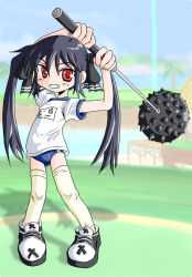 1girl beach black_footwear black_ribbon blue_buruma blush buruma golf grin gym_uniform hair_ribbon holding holding_weapon kooh long_hair looking_at_viewer mace marinba name_tag ocean palm_tree pangya red_eyes red_hair ribbon sand shirt shoes short_sleeves sky smile standing teeth thighhighs tree twintails water weapon white_shirt white_thighhighs