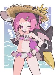 1girl ;d arm_behind_back bikini blue_background blush border brown_hat commentary cowboy_shot disgaea hand_on_own_hip hat highres looking_at_viewer navel one_eye_closed open_mouth outline outside_border pink_bikini pink_eyes pink_hair raspberyl short_hair smile solo suaman swimsuit white_border white_outline