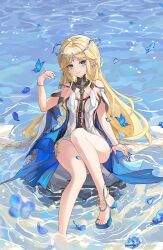 1girl absurdres bare_legs bare_shoulders black_collar black_dress blonde_hair blue_butterfly blue_eyes blue_flower blue_petals blue_sandals breasts bug butterfly cartethyia_(wuthering_waves) closed_mouth collar commentary_request crown_of_thorns dress earrings flower full_body hand_up highres insect jewelry legs long_hair looking_at_viewer medium_breasts necklace pointy_ears sandals sidelocks sitting smile solo tabard tacet_mark_(wuthering_waves) toes very_long_hair white_tabard wuthering_waves ying_wei_jin_inexistenec