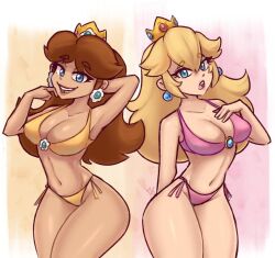 2girls bikini blonde_hair blue_eyes breasts crown dark-skinned_female dark_skin earrings i_alext_i jewelry large_breasts lips long_hair mario_(series) multiple_girls nintendo princess_daisy princess_peach swimsuit wide_hips