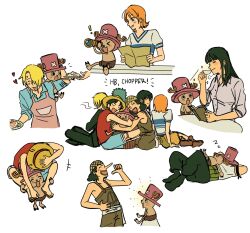 &gt;_&lt; 2girls 5boys ^_^ antlers apron black_hair blonde_hair blunt_bangs book closed_eyes collared_shirt commentary_request cup formal_clothes green_hair happy_birthday haramaki hat heart highres holding holding_book holding_cup horns hug korean_commentary long_nose lying medium_hair monkey_d._luffy multiple_boys multiple_girls multiple_views nami_(one_piece) nami_(one_piece)_(east_blue) nico_robin nico_robin_(alabasta) on_back one_piece orange_hair pink_hat plate ra_zz03 red_shirt roronoa_zoro sanji_(one_piece) shirt short_hair skirt sleeping straw_hat striped_clothes striped_shirt suit telescope tony_tony_chopper usopp v-neck white_background white_shirt yellow_skirt