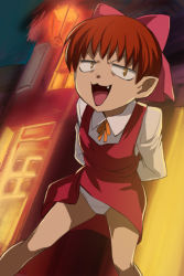 1girl 2010 arms_behind_back bow building cat_girl collar collared_shirt crotch_seam dress dutch_angle fang feet_out_of_frame female_focus gegege_no_kitarou gegege_no_kitarou_5 hair_bow haruyama_kazunori lamp leaning_forward lights loli long_sleeves looking_at_viewer nekomusume nekomusume_(gegege_no_kitarou) nekomusume_(gegege_no_kitarou_5) night open_mouth orange_ribbon outdoors panties pantyshot pink_bow pointy_ears red_dress red_hair ribbon shirt short_dress short_hair slit_pupils solo spread_legs standing tongue underwear upskirt white_panties white_shirt yellow_eyes