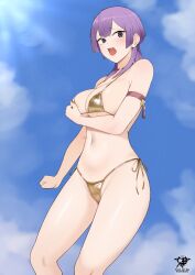 1girl absurdres alternate_costume areola_slip arm_strap arm_under_breasts artist_logo artist_name bernadetta_von_varley bernadetta_von_varley_(timeskip) bikini blue_sky blush breasts choker cleavage clenched_hand cloud day fire_emblem fire_emblem:_three_houses gold_bikini gold_choker grey_eyes groin highres kaos_art large_breasts logo looking_at_viewer navel nintendo open_mouth outdoors patreon_username purple_hair raised_eyebrows short_hair side-tie_bikini_bottom sky solo stomach swimsuit tassel thighs
