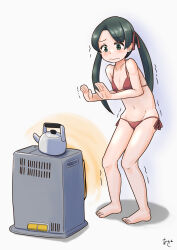 1girl akashieru artist_name barefoot bikini black_hair breasts full_body green_eyes highres kantai_collection kettle long_hair lowleg lowleg_bikini mikuma_(2016_swimsuit)_(kancolle) mikuma_(kancolle) one-hour_drawing_challenge red_bikini side-tie_bikini_bottom small_breasts solo space_heater string_bikini swimsuit twintails