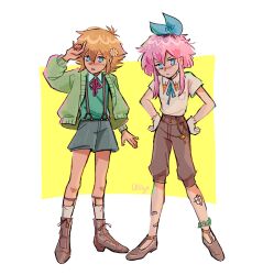 1boy 1girl alternate_costume alternate_hairstyle alternate_universe anklet antenna_hair arm_up artist_name aubrey_(faraway)_(omori) aubrey_(omori) bandaid bandaid_on_leg basil_(faraway)_(omori) basil_(omori) blonde_hair blue_eyes blue_ribbon boots brown_boots brown_pants collared_shirt flower flower_anklet gloves green_sweater_vest grey_shorts hair_flower hair_ornament hair_ribbon hands_on_own_hips highres jewelry long_sleeves multicolored_hair omori pants parted_lips pink_hair ribbon roots_(hair) shirt short_hair short_hair_with_long_locks short_sleeves shorts socks suspender_shorts suspenders sweater_vest ullilya1 white_gloves white_shirt white_socks