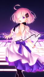 1girl ahoge back_bow backless_dress backless_outfit black_choker black_pantyhose bow breasts buttons choker city city_lights commentary dress fate/grand_order fate_(series) feet_out_of_frame flower from_behind hair_flower hair_ornament hair_over_one_eye halterneck high-low_dress layered_dress looking_at_viewer looking_back mash_kyrielight mash_kyrielight_(under_the_same_sky) medium_breasts night night_sky offering_hand official_art one_eye_covered open_mouth outdoors pantyhose photo_background pink_hair purple_background purple_bow purple_eyes purple_sky purple_theme see-through_vest short_hair sky smile solo takeuchi_takashi teeth third-party_source vest white_dress white_vest white_wrist_cuffs wrist_cuffs