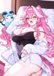 1girl ;o alternate_costume animal_ear_fluff animal_ears ass black_camisole blush breasts camisole chattino_(raora_panthera) cleavage collared_shirt commentary covered_navel drowsenss english_commentary fang hair_between_eyes highres hololive hololive_english large_breasts long_hair long_sleeves looking_at_viewer lying multicolored_hair no_pants on_bed one_eye_closed open_clothes open_mouth open_shirt panther_ears panther_girl panther_tail pink_hair raora_panthera shirt sidelocks skin_fang sleeves_past_wrists solo streaked_hair tail virtual_youtuber white_hair white_shirt yawning yellow_eyes